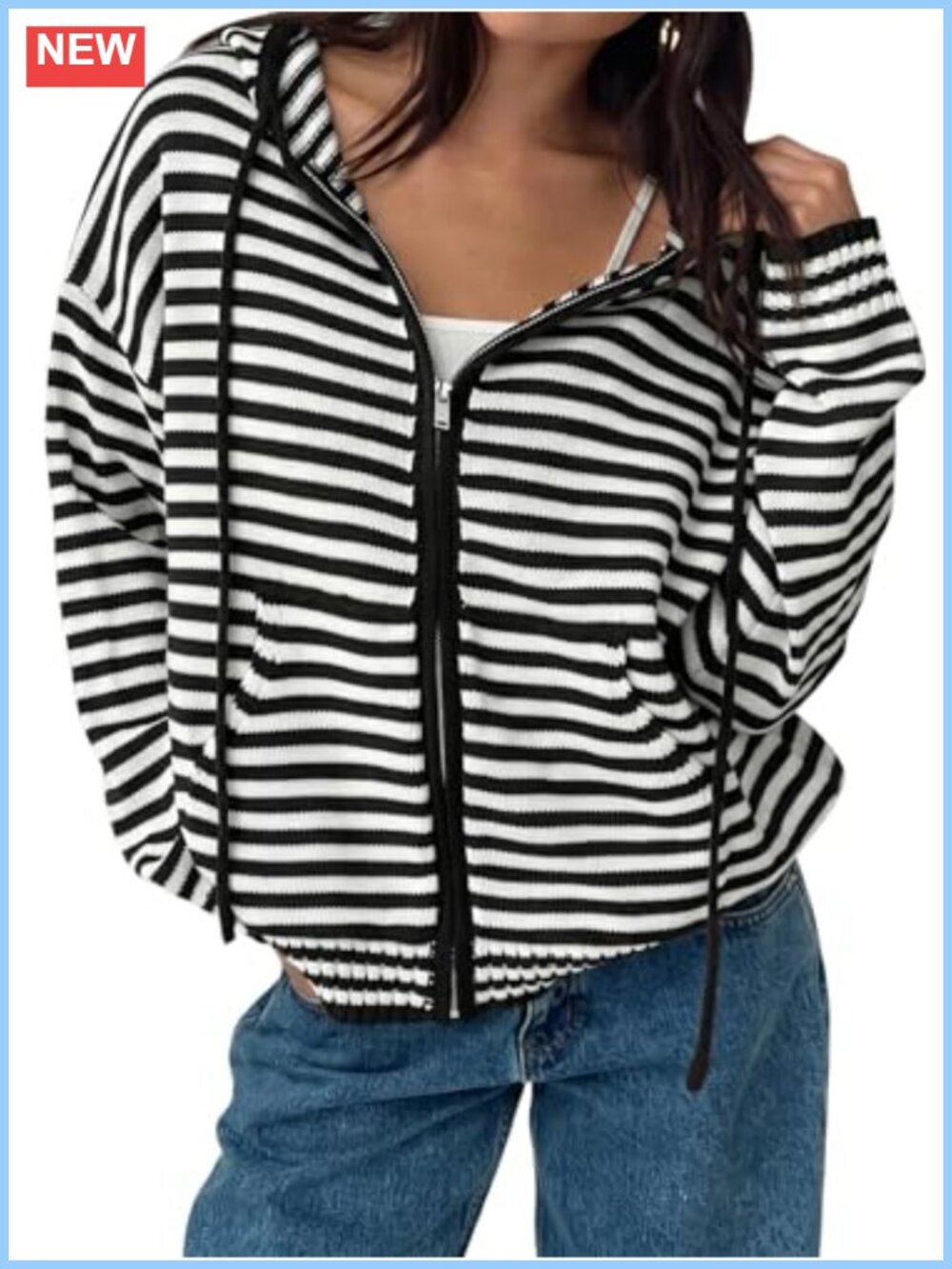 Womens Oversized Striped Zip Up Hoodie Cardigan Crop Sweater